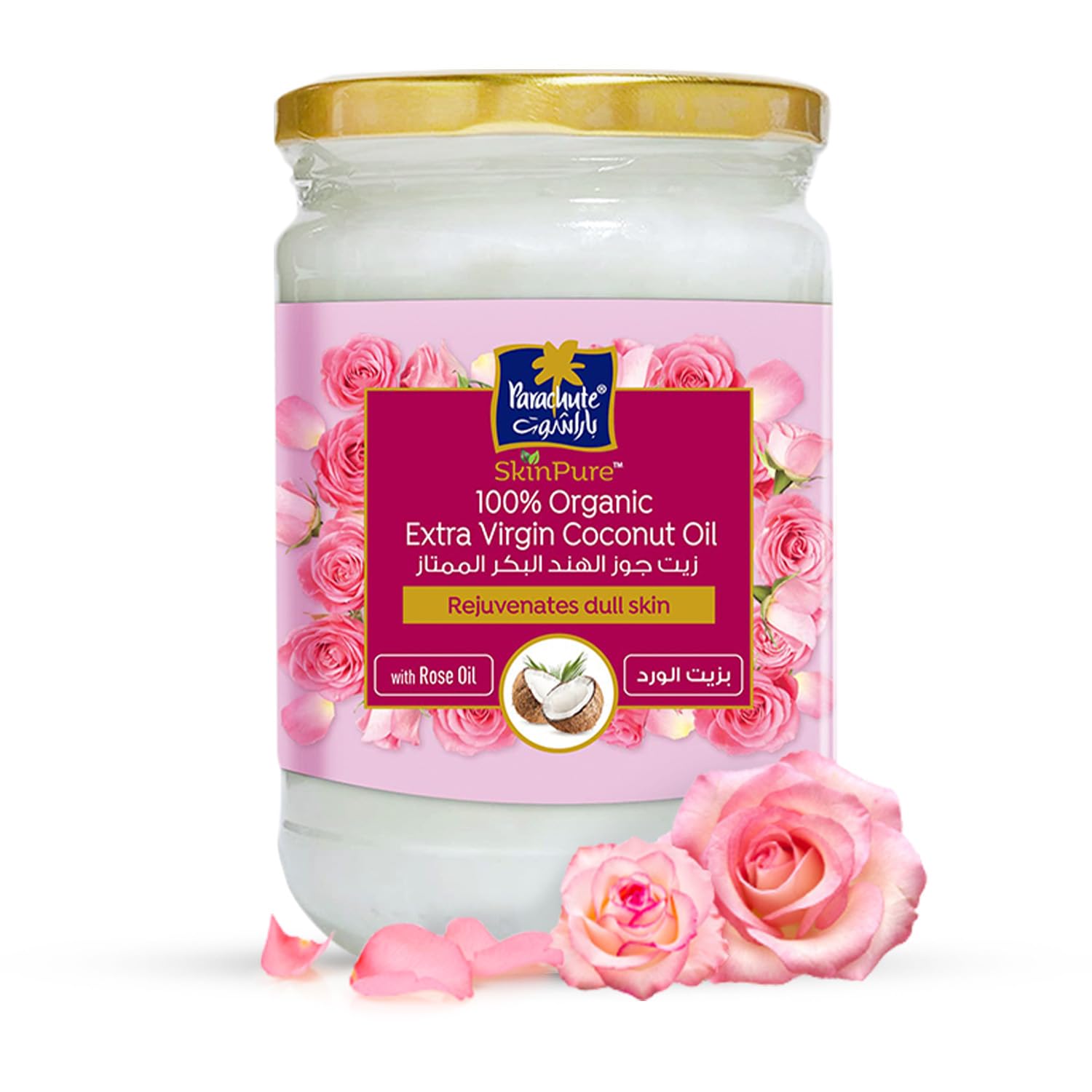 Parachute Advansed SkinPure 100% Organic Extra Virgin Coconut Oil with Rose Oil |Face & Body Oil Moisturizer| For Soft, Smooth, Rejuvenated Skin |Boosts Collagen| Cold Pressed | 6.7 fl.oz | Glass Jar