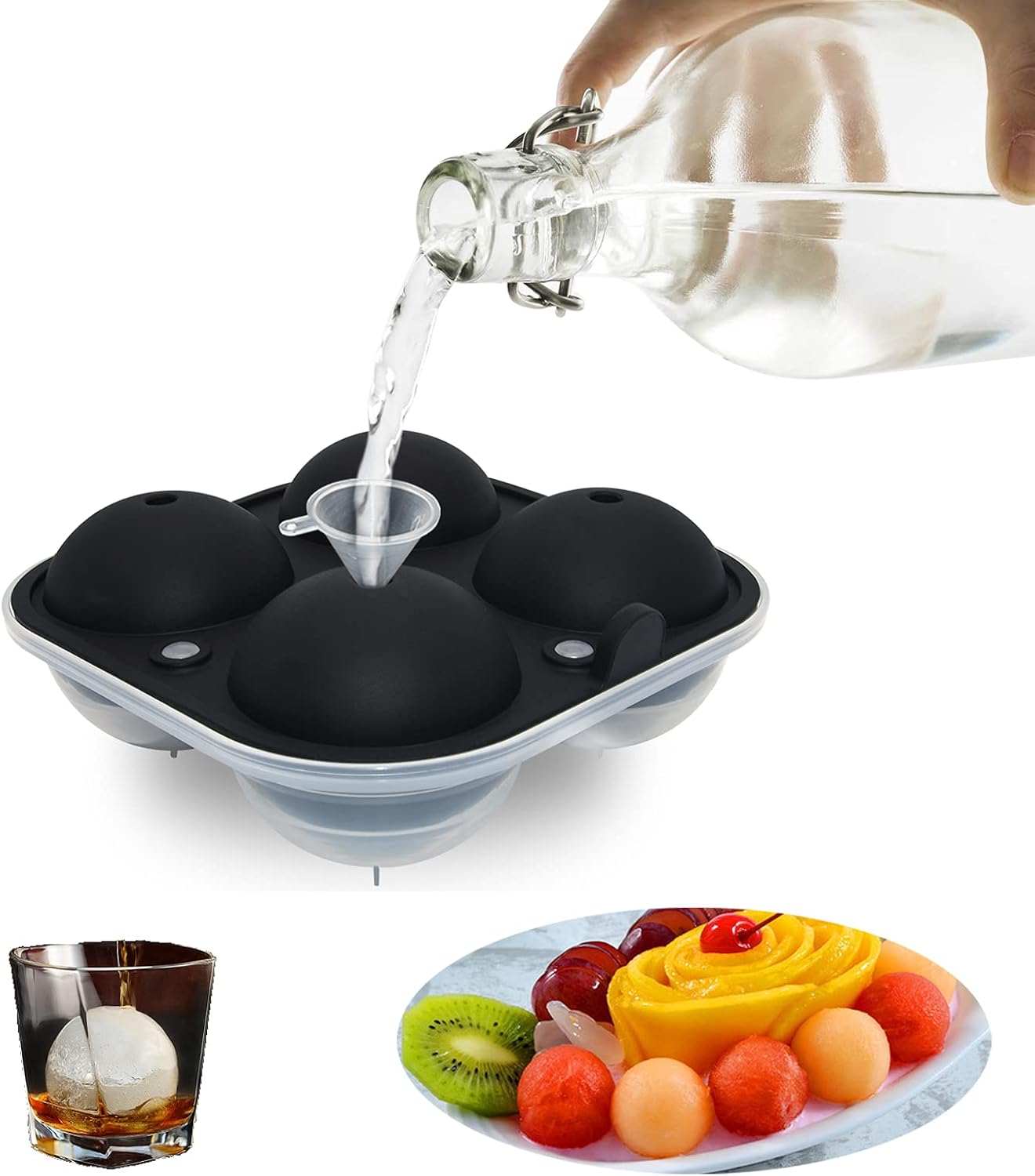 Silicone Ice Ball Maker Moulds,6.6cm(3in) Sphere Ice Cube Moulds - Large Ice Cube Moulds Great for Kids with Candy Pudding Jelly Milk Juice Chocolate Moulds or Cocktails Whiskey,Black Ice Cube Trays