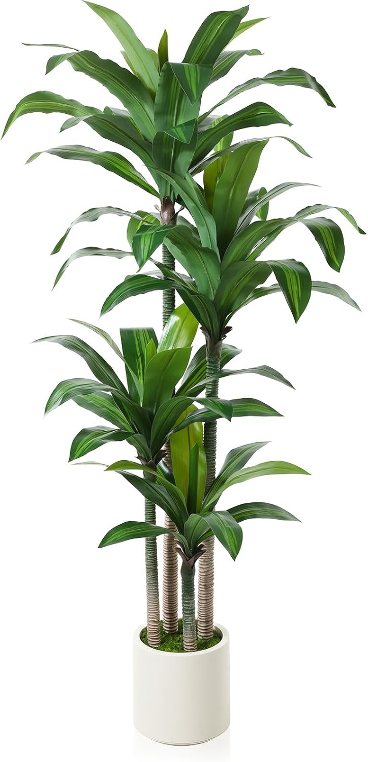 Kazeila Artificial Dracaena Plant 180cm Fake Tall Tree with White Planter,Faux Dragon Tree Plant Indoor Floor Porch Home Decor Office Living Room,1Pcs