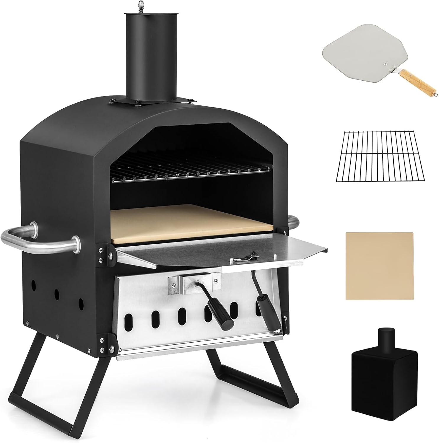 SPOTRAVEL 2-Layer Outdoor Pizza Oven, Wood Fired Pizza Maker with Grill, Stone, Peel, Waterproof Cover & Foldable Legs, Patio BBQ Cooker Heating Oven for Camping Picnic Party