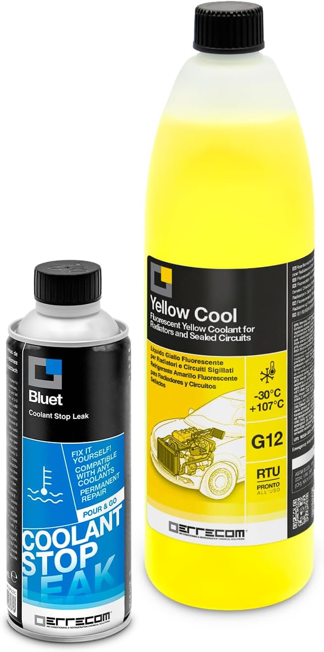 ERRECOM Car Cooling System Repair and Refill Kit, Includes Bluet Radiator Leak Stop (250 mL) + Yellow Cool Ready-to-Use Yellow Coolant Antifreeze -30°C/+107°C G12 (1 L)