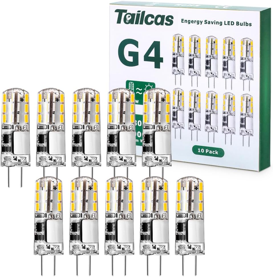 Tailcas G4 LED Bulbs, 1.5W 12V Mini Capsule Light Bulb AC/DC (20W Halogen G4 Lamp Equivalent), Bi-Pin Base JC Type Non-dimmable for Lighting Decor, Chandelier Home 10Pack (Warm White)