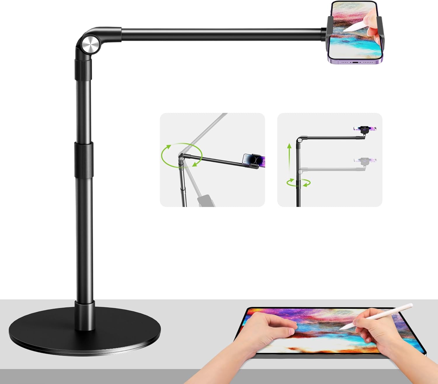 elitehood Heavy Duty Aluminum Overhead Phone Stand, 15 in Long Arm iPhone Holder for Video Recording, 360 Degrees Swivel Tilt Overhead Phone Mount for Filming, Meeting, Cooking, Painting and Crafting