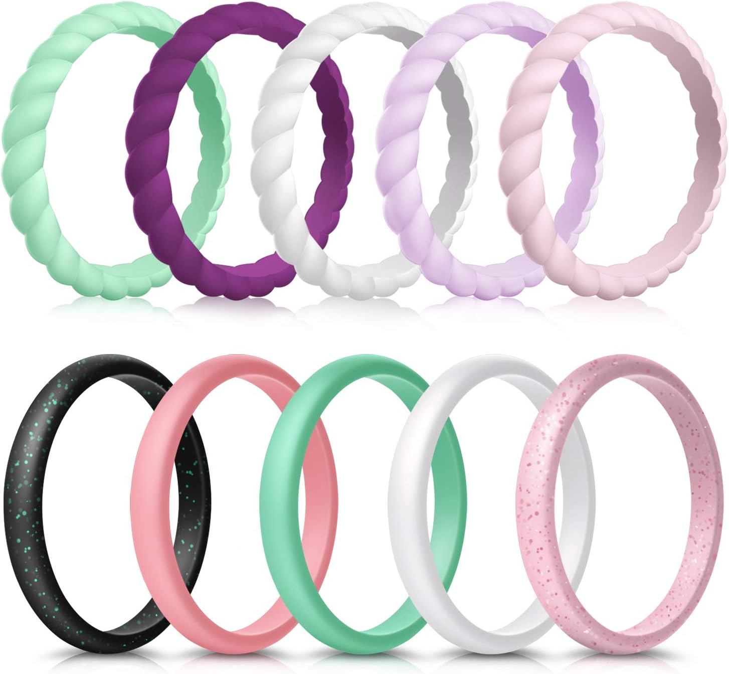 Forthee 10 Pack Silicone Wedding Ring for Women, Thin and Braided Rubber Band, Fashion, Colorful, Comfortable fit, Skin Safe
