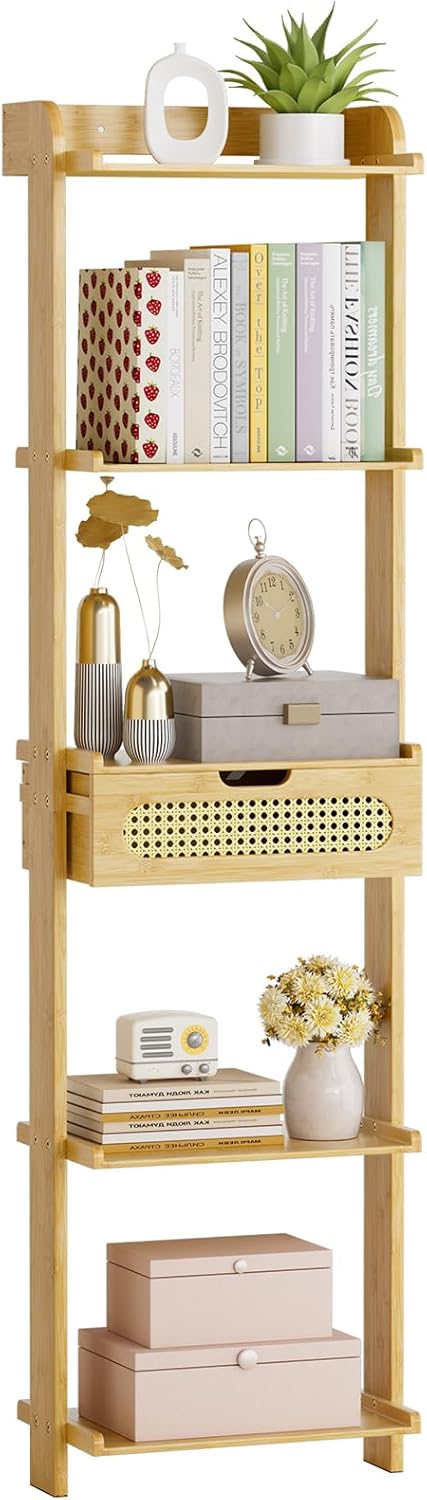 Amazer 5-Tier Ladder Shelf, Bamboo Wall Mounted Bookshelf with Drawer, Wood Ladder Bookcase Freestanding Rack Units for Bedroom, Living Room, Home