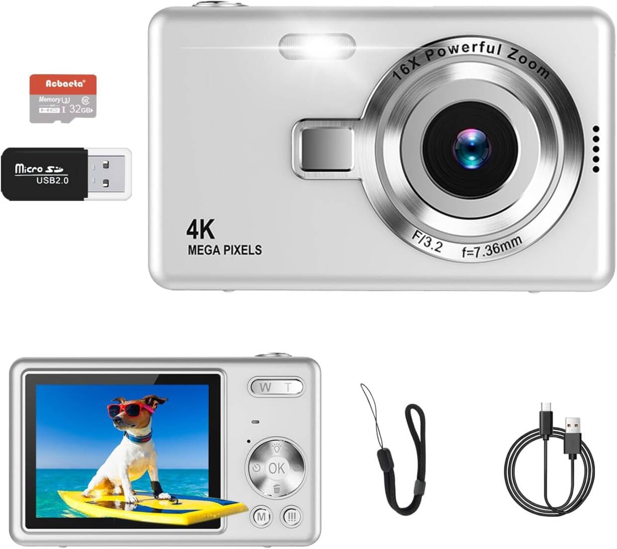 Digital Camera - 1080P FHD 44MP with 2.4" LCD Screen Compact Portable Vlogging Photo Camera with 32gb SD Card 16X Digital Zoom for Kids Teen Students Beginner