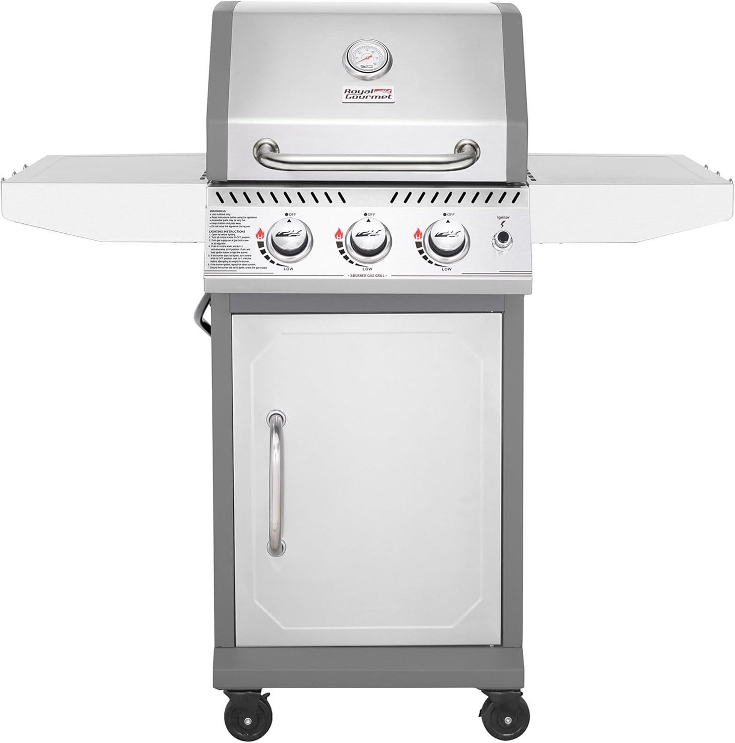 Royal Gourmet GG3001S 3 Burner Propane Gas Grill with Warming Rack, Stainless Steel Cabinet Style Gas Grill with 25,500 BTUs Output for Barbecue Grilling & Backyard Cooking, Silver