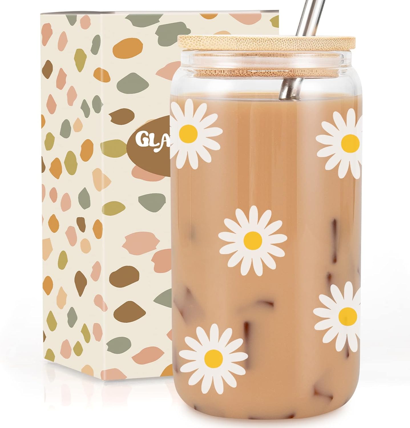 GSPY Daisy Aesthetic Gifts, Iced Coffee Cup, Cute Glass Cups with Lids and Straws - Cute Mugs, Flower Mug, Glass Tumbler - Birthday Gifts for Women, Coffee Lovers, Friends, Girls