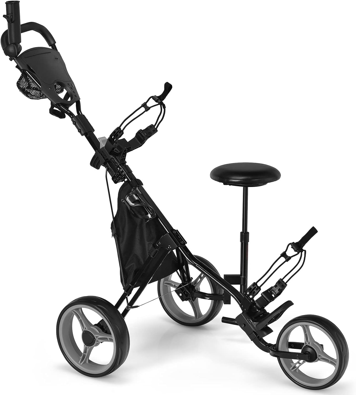 GYMAX Golf Push Pull Cart, Lightweight 3 Wheels Golf Trolley with Storage Bag, Foot Brake, Adjustable Umbrella Holder, Padded Seat and 4 Height Position Handle, Foldable Golf Bag Holder