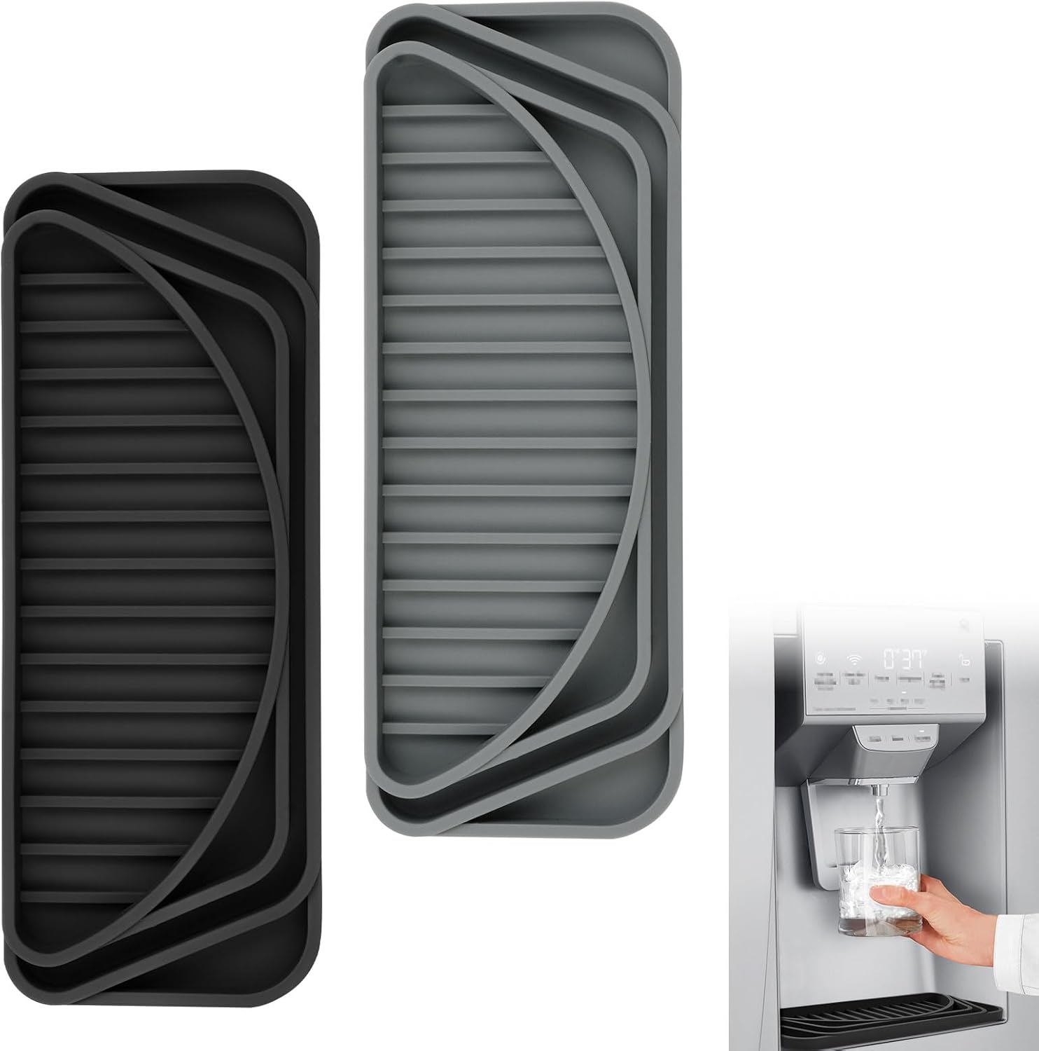 Silicone Refrigerator Drip Tray 2 Pack, Cuttable Water Dispenser Drip Collector, Spill-Free Non-slip Dispenser Pan Protector for Whirlpool/Samsung/LG/GE Fridge Accessories (Black+Grey)