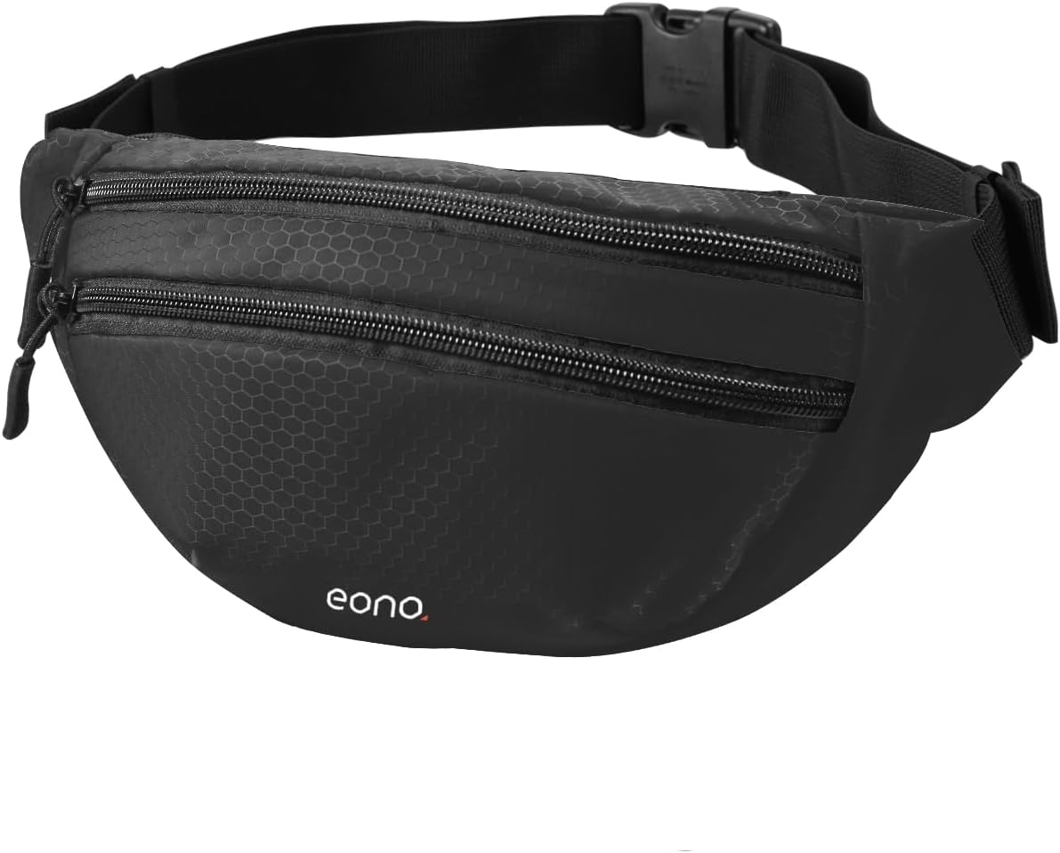 Eono Water Resistant Bum Bag with Adjustable Buckle Strap for Men, Women, Double Pockets Waist Fanny Pack for Hiking, Dog Walking, Travel & Outdoor Activities (Black)