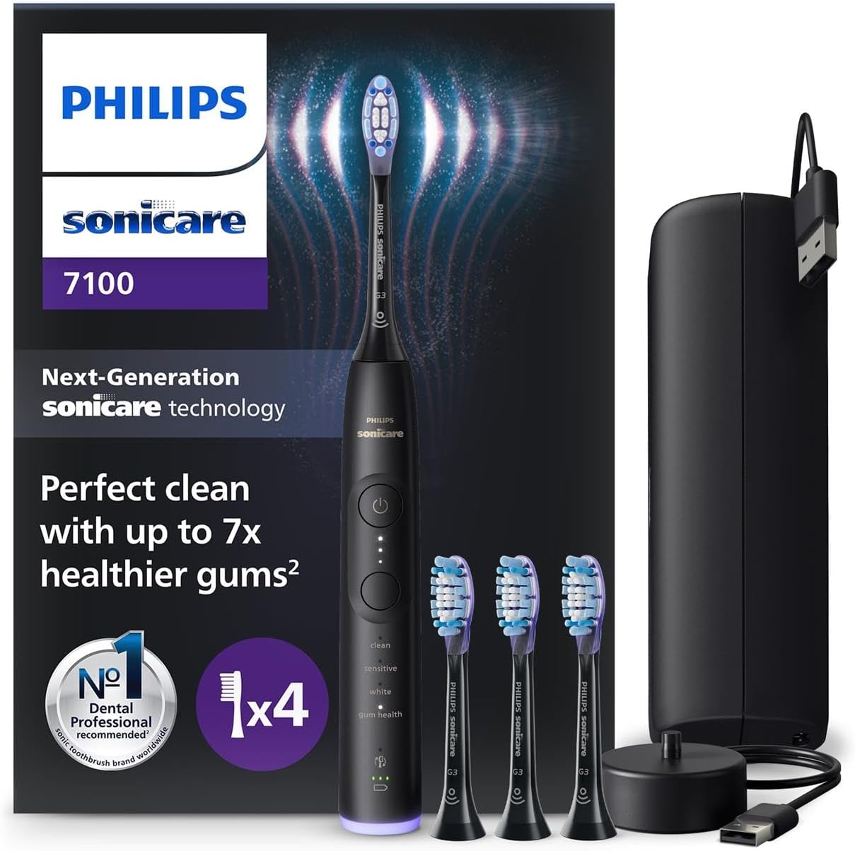 Philips Sonicare 7100 Electric Toothbrush, Sonic Toothbrush with App, 4 Brushing Modes and 3 Intensity Levels, Pressure Alert, EasyStart, SmarTimer, Navy Blue, Model HX7421/08 [New Technology]