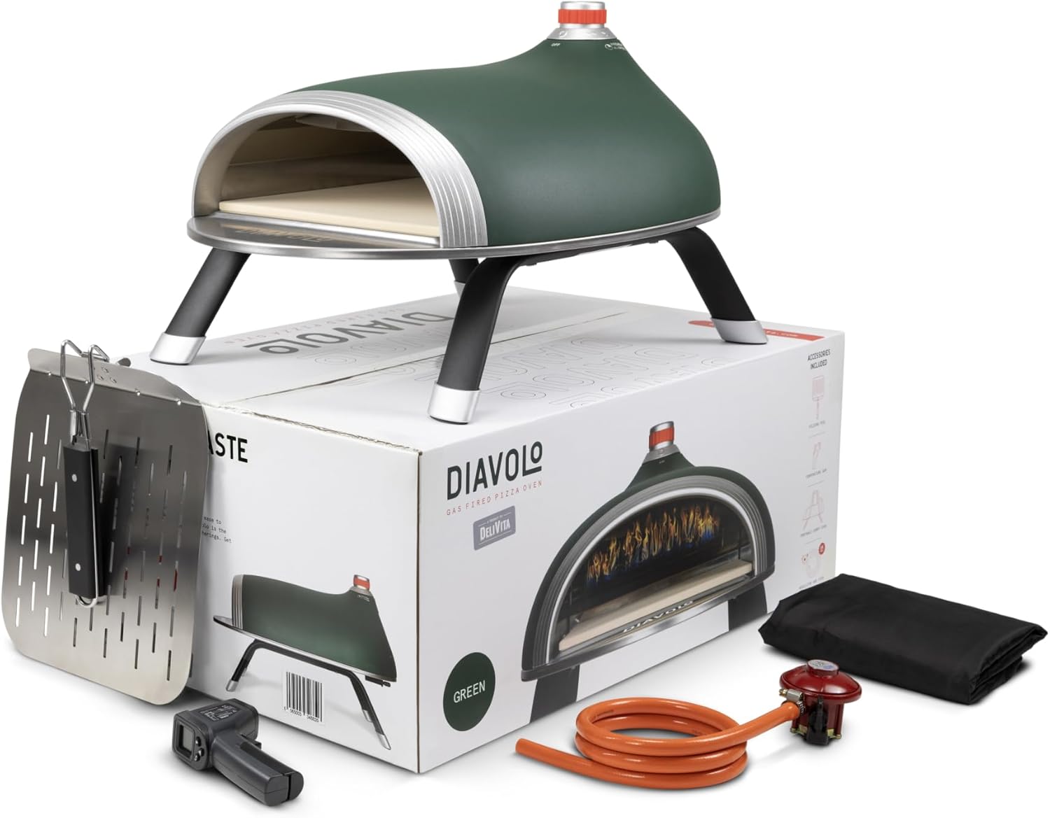 DeliVita Diavolo Gas Fired Outdoor Pizza Oven - Green, Powered by Propane, Butane or Camping Bottles, Includes Accessories - Folding Peel, Carry Case, Temperature Gun & Gas Regulator