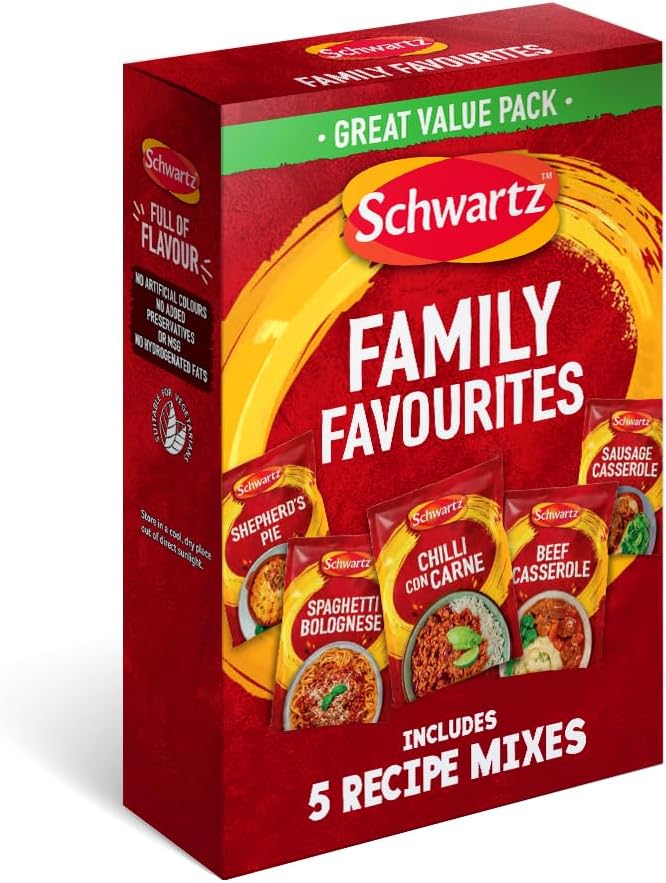 Schwartz Family Favourites Bundle One Pack Serves 4 Pack of 5 Recipe Mixes Shepherd's Pie Spaghetti Bolognese Chilli Con Carne Beef Casserole Sausage Casserole Suitable for Vegetarians