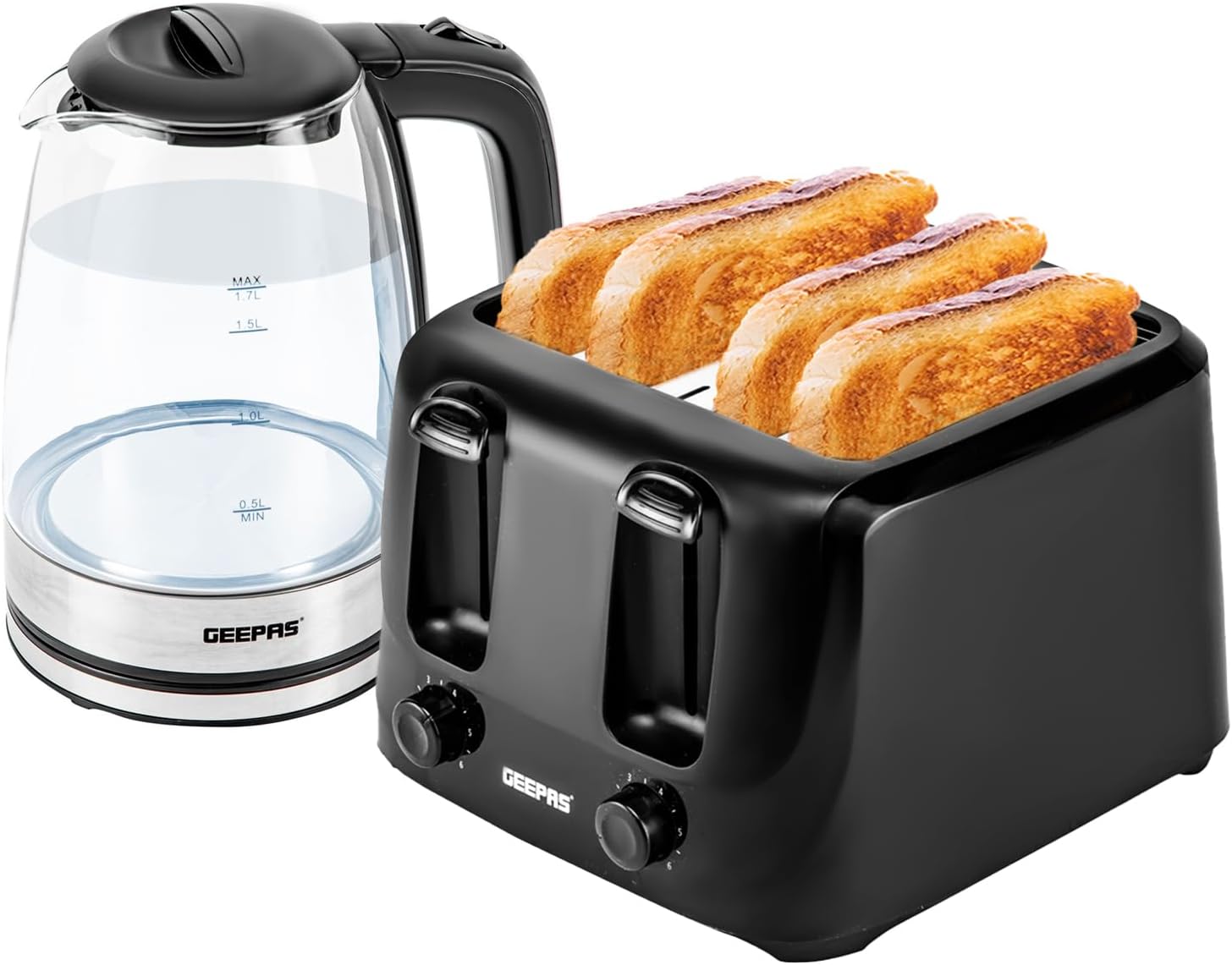 Geepas 4 Slice Bread Toaster & 1.7L Illuminating Electric Glass Kettle Set – 2200W Cordless Jug Kettle, Auto Shut Off & Boil Dry Sensor – 1400W Toaster with Dual Control & 6 Level Browning, Black