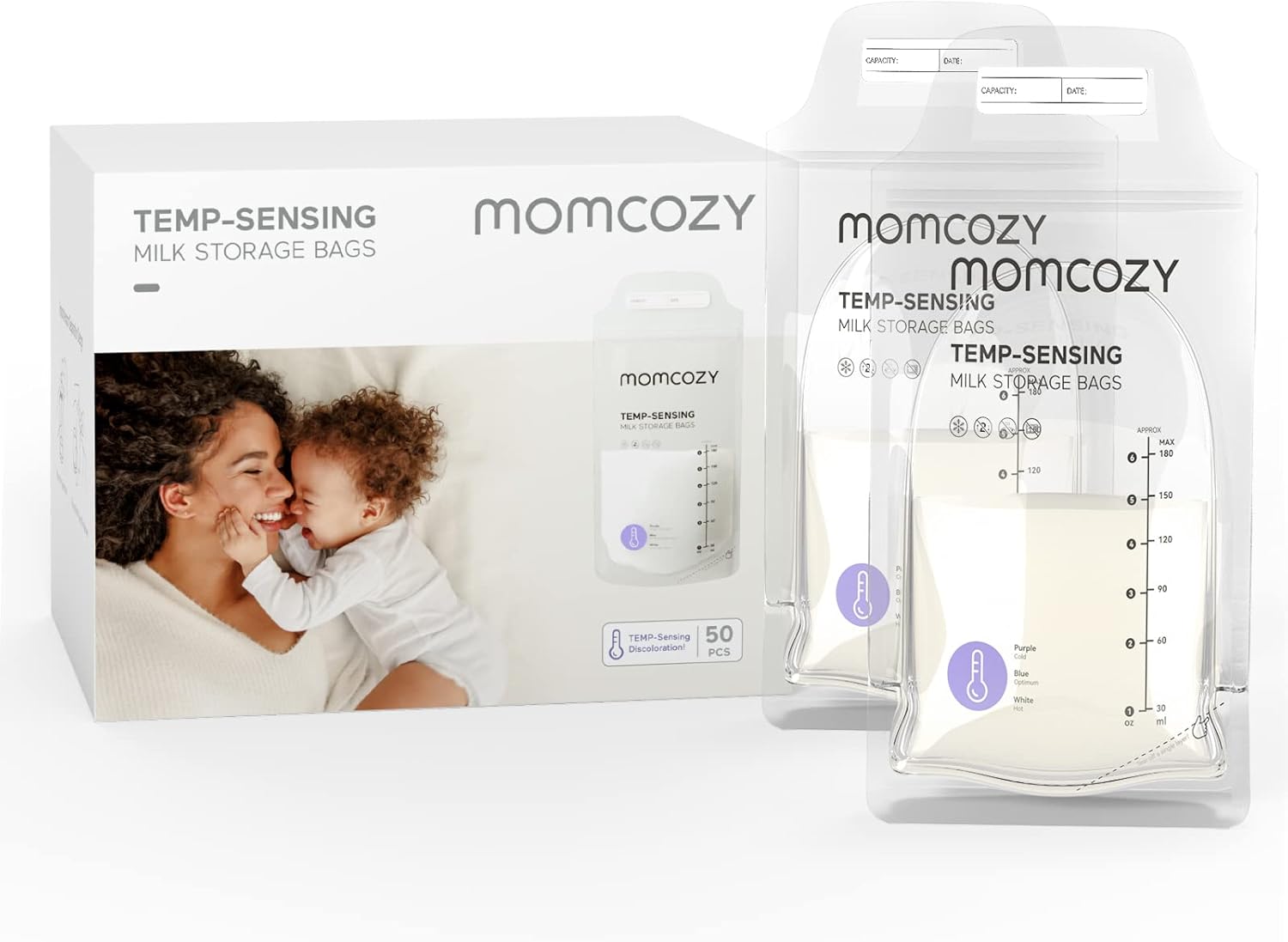 50PCS Momcozy Breastmilk Storing Bags, Temp-Sensing Discoloration Milk Storing Bags for Breastfeeding, Disposable Milk Storage Bag with 6oz Self Standing, No-Leak Milk Freezer Storage Pouches