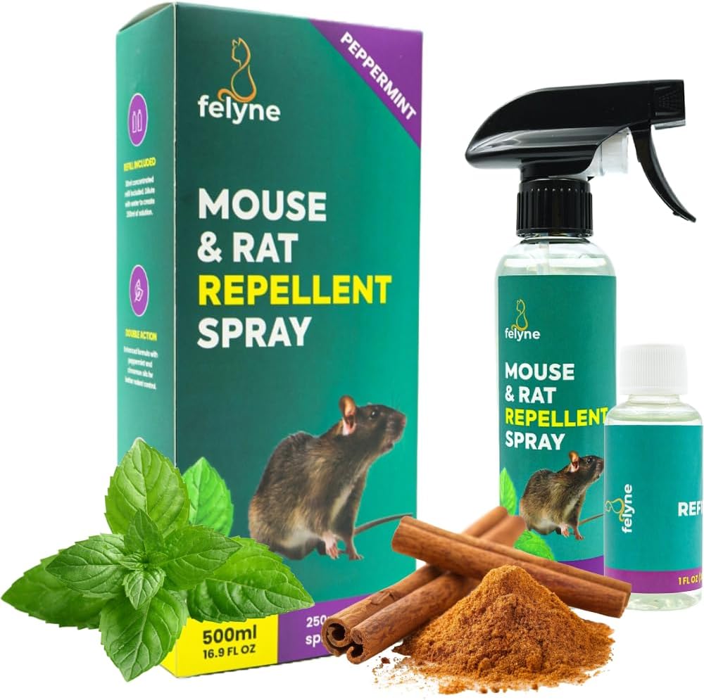 Mouse & Rat Repellent Spray - 500ml Anti Rodent Peppermint & Cinnamon Oil, for Indoor Home & Cars Get Rid of Mice & Rats, Pleasant Scent, Non Toxic by Felyne