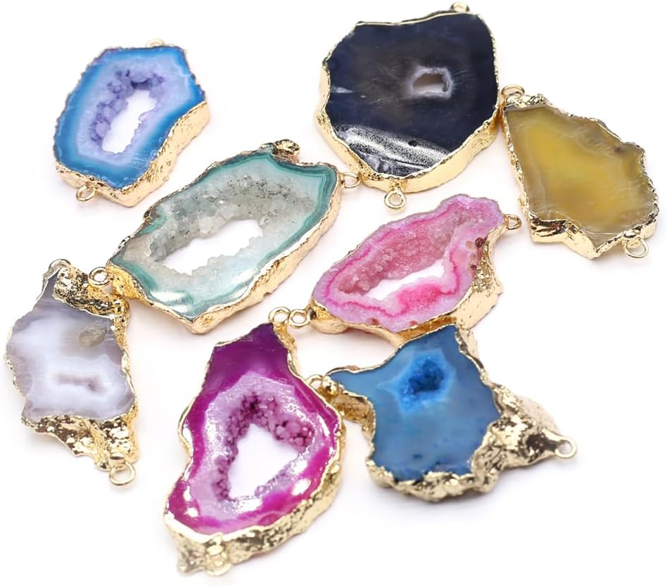 LHJ 5 Pcs Natural Stone Connectors Random Irregular Shape Healing Geode Agate Pendant Charms for Jewelry Making Necklace Gift