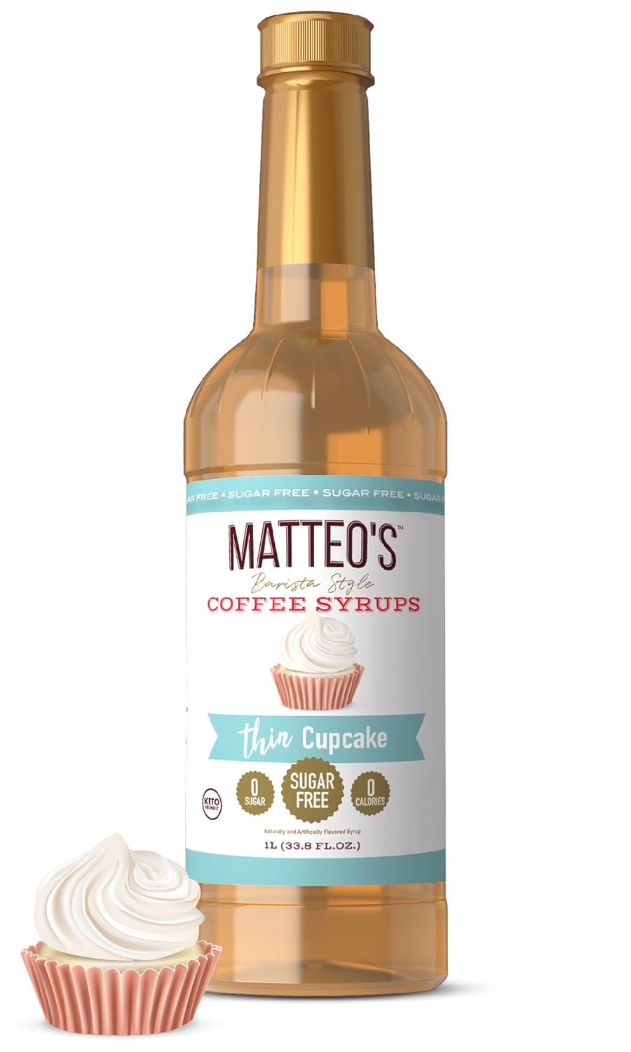 Matteo's Barista Style Sugar-Free Coffee Syrup, Cupcake Flavor, Zero Calories and Sugar, Keto Friendly, Ideal for Lattes, Cappuccinos, Espresso, Americano, Indulgent Taste 33.8 Oz, 1-Pack