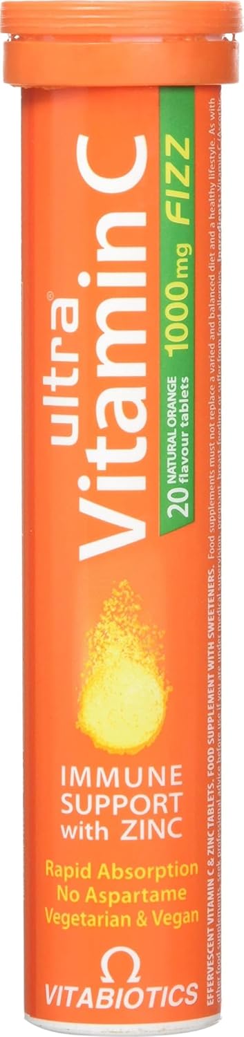 Vitabiotics Ultra Vitamin C Effervescent, Dissolvable with Zinc, Orange Flavour, 20 Tablets, Pack of 1