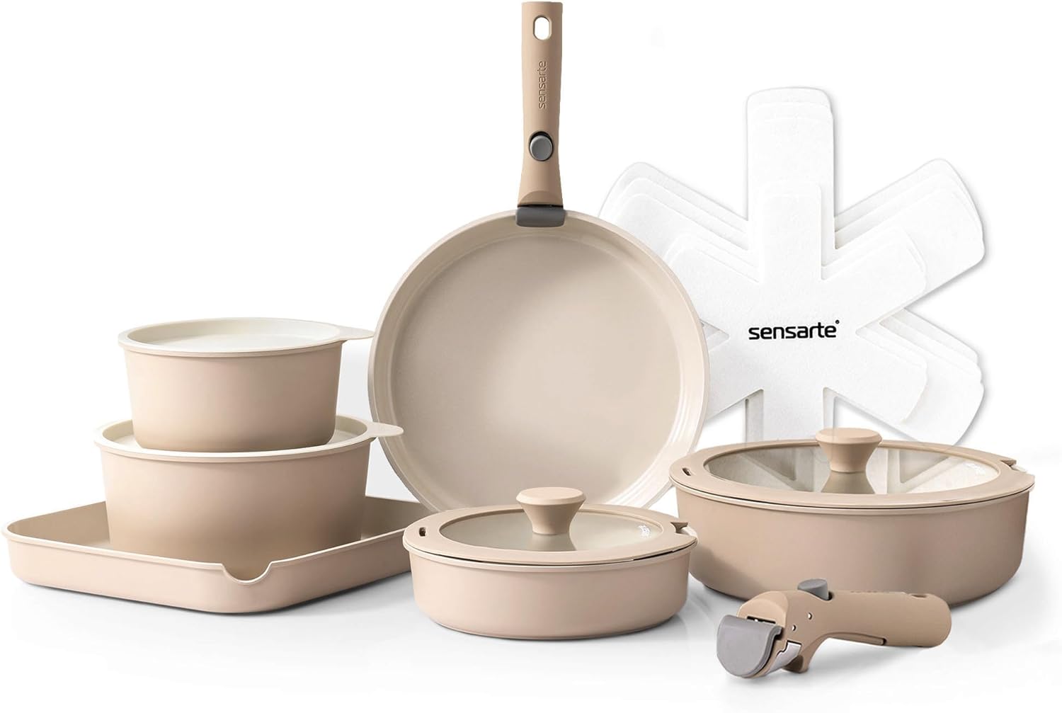 SENSARTE 17 Piece Ceramic Pots and Pans Set, Nonstick Detachable Handle Cookware, Induction Kitchen Cookware Set with Removable Handle (Almond Beige)