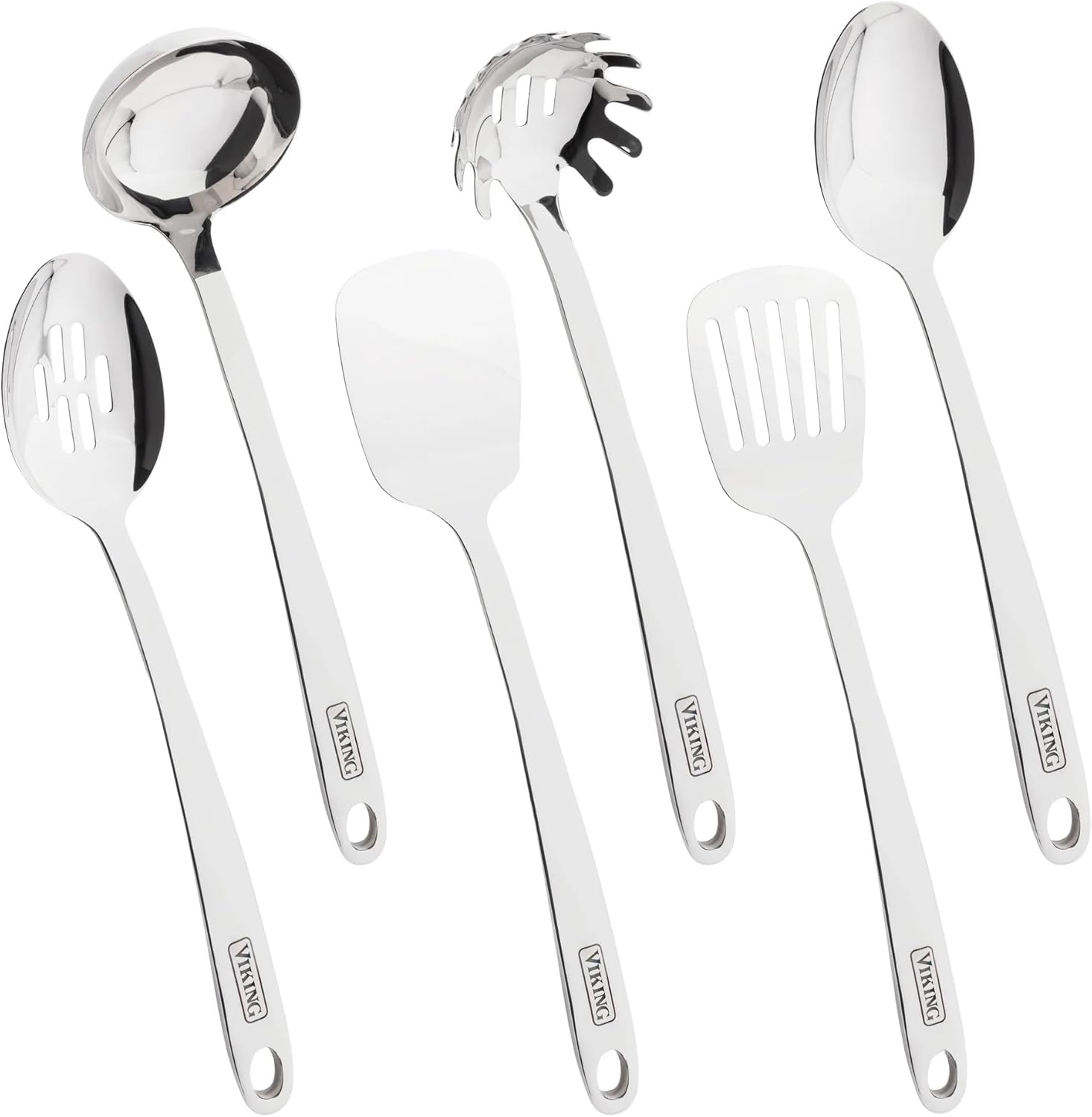 Viking Culinary 304 Stainless Steel Kitchen Utensil Set, 6 Piece, Ergonomic Stay-Cool Handles, Dishwasher Safe, Silver