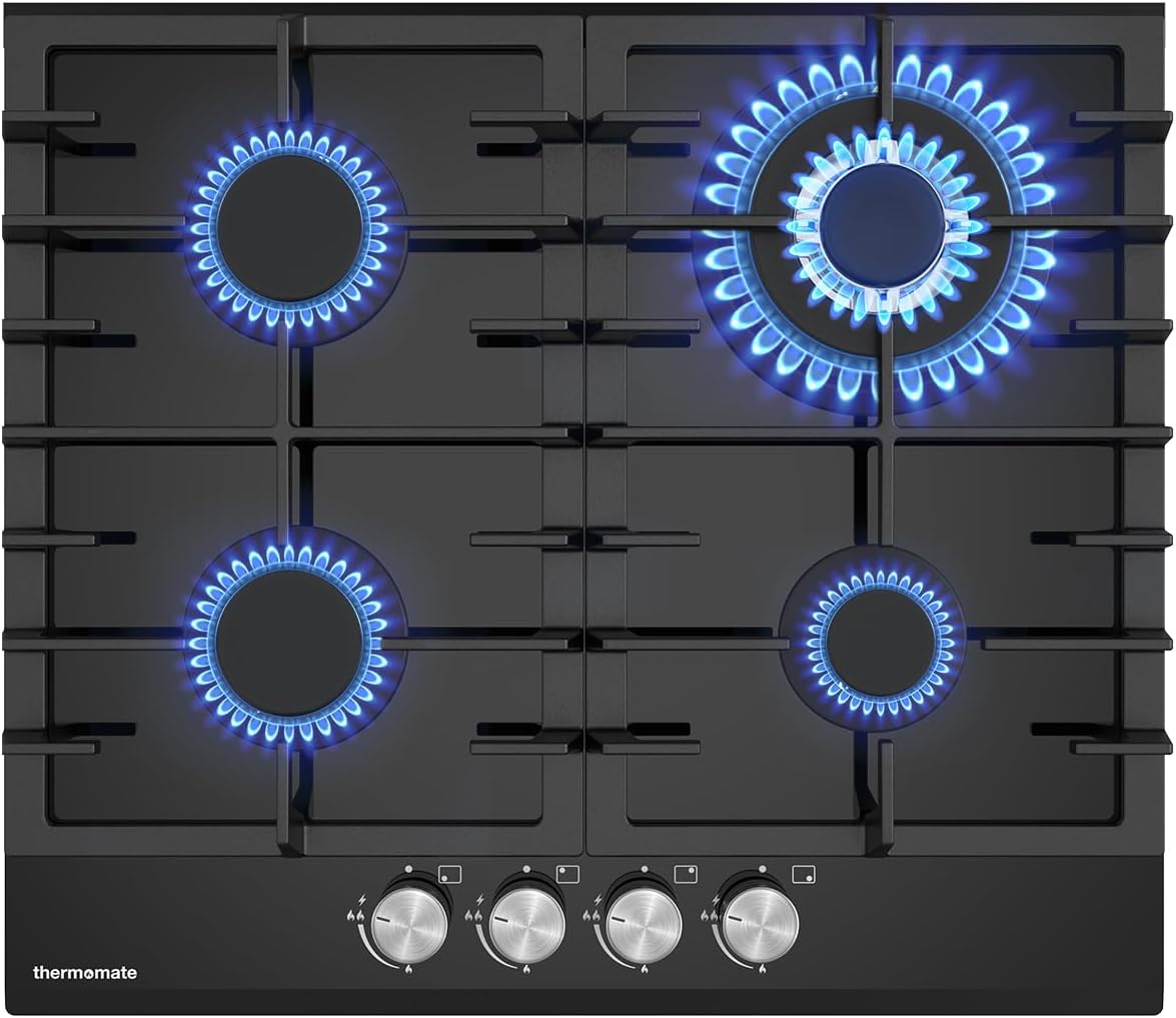 ThermoMate GHBG604 Black Gas Hob 4 Burners, Glass on Gas Cooktop with Wok Burner, 8000W GasCooker, NG/LPG Convertible
