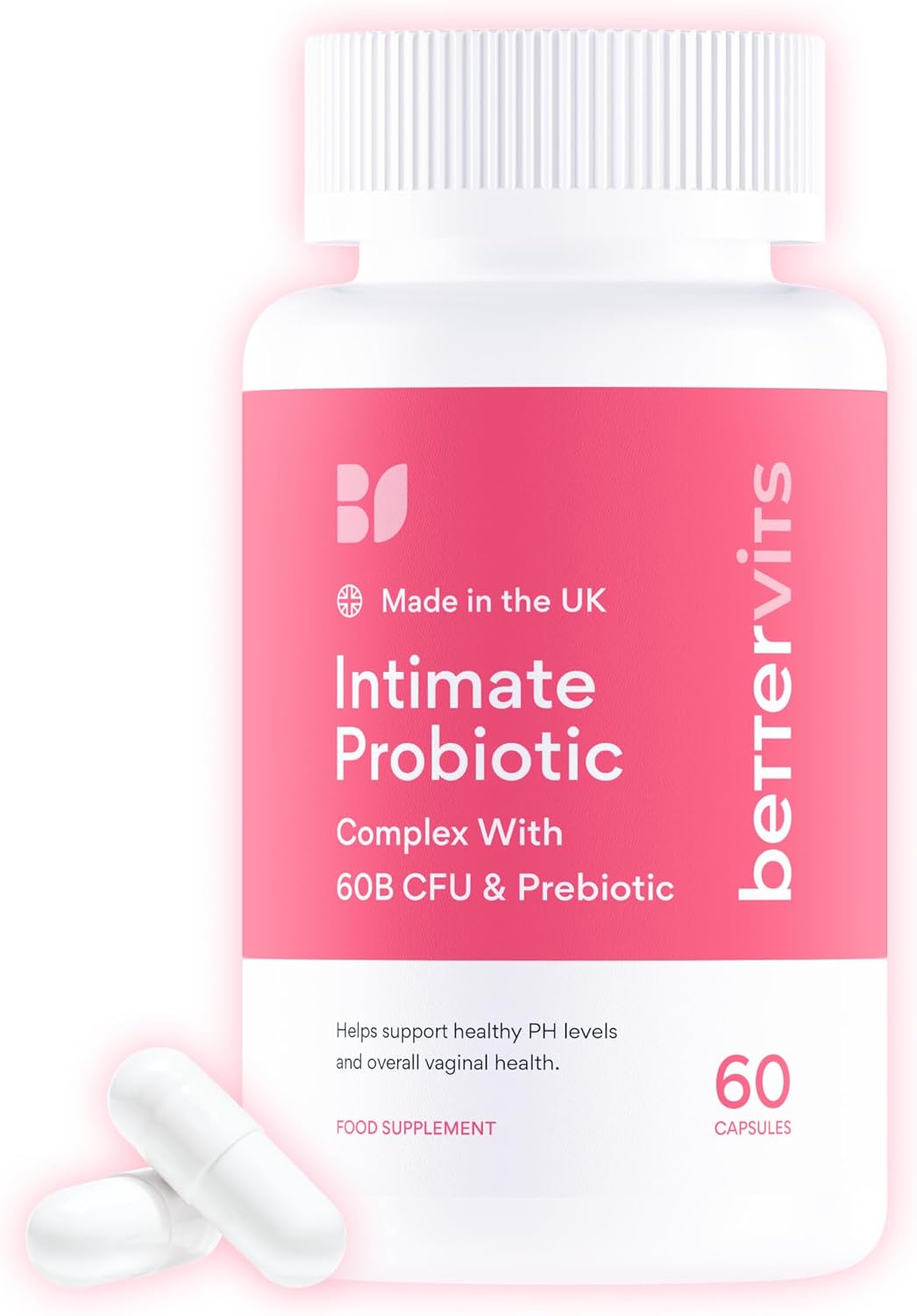 Bettervits Intimate Probiotics for Women & Bacterial Vaginosis Care | Vaginal Probiotics for Intimate Flora with Ashwagandha, Vitamin C, D3 Complex - Supports Gut Health & PH Balance - 60 Capsules