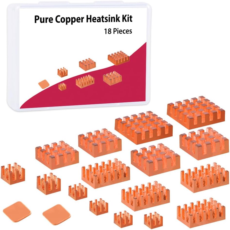 GeeekPi 18PCS Pure Copper Heatsinks for Raspberry Pi 5/4B, CPU Cooler Heatsinks with Thermal Conductive Adhesive Tape