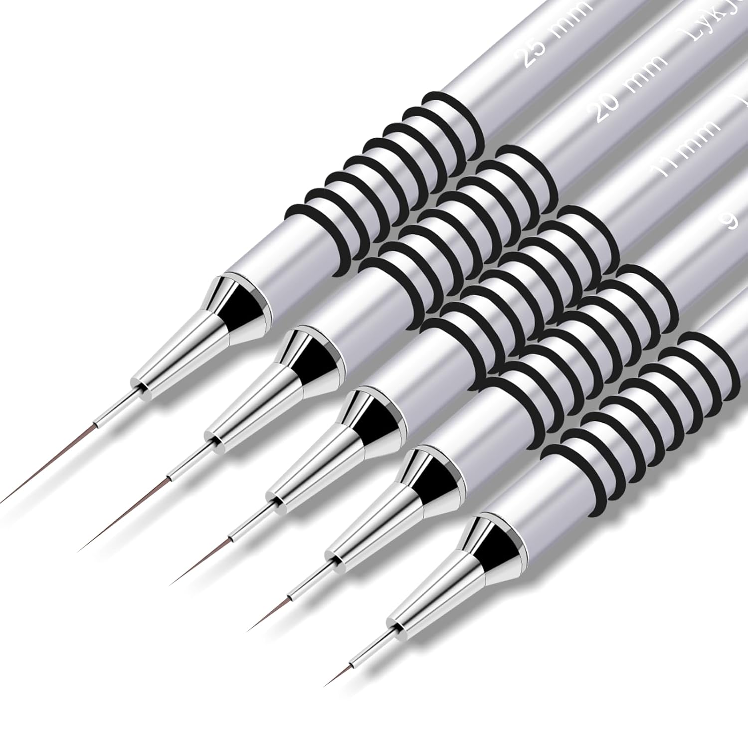 5pcs Nail Art Liner Brushes,Liner Brush Set,Liner Brush For Nails Gel,Painting Art Design Brush Set Nail Dotting Drawing Tool For Long Lines, Thin Details, Fine Drawing Sizes 7/9/11/20/25mm (Silver)