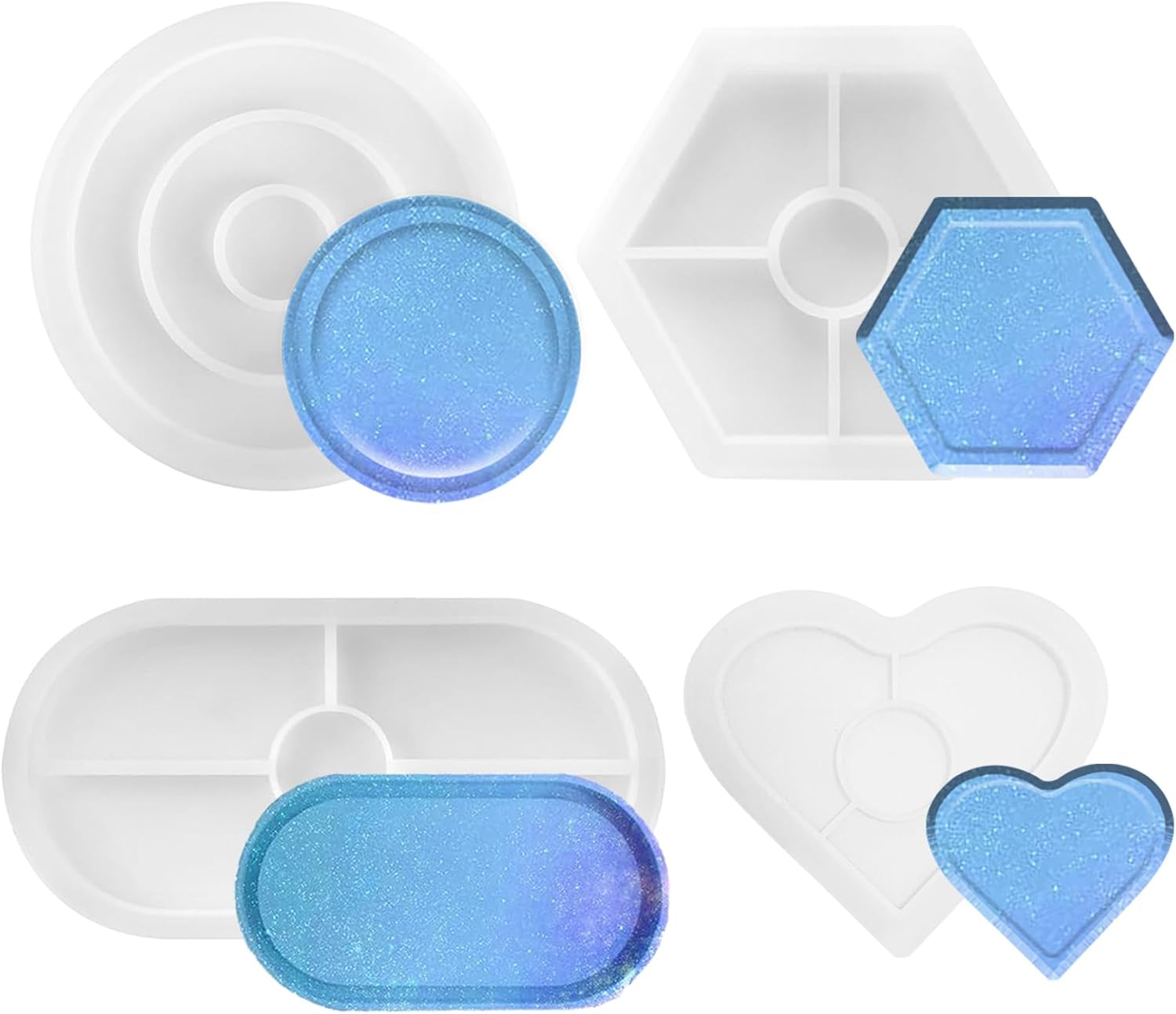 FINEASY 4PCS Resin Moulds Silicone Coasters, Trays Epoxy Resin Moulds, Round Hexagonal Coaster Silicone Moulds for Resin, Oval Love Shape Resin Molds Great for DIY Home Decor Crafts