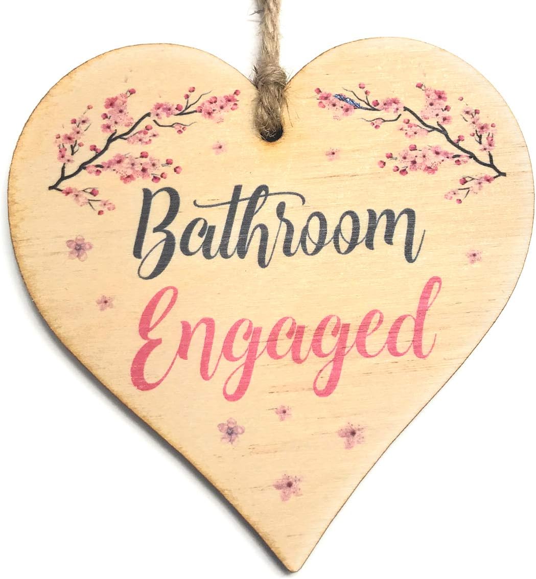 Engaged Vacant Bathroom Door Sign - Double Sided Wooden Heart Shaped Plaque – Decorative Cherry Blossom Design by Maisie Moo – Includes Hanging Twine