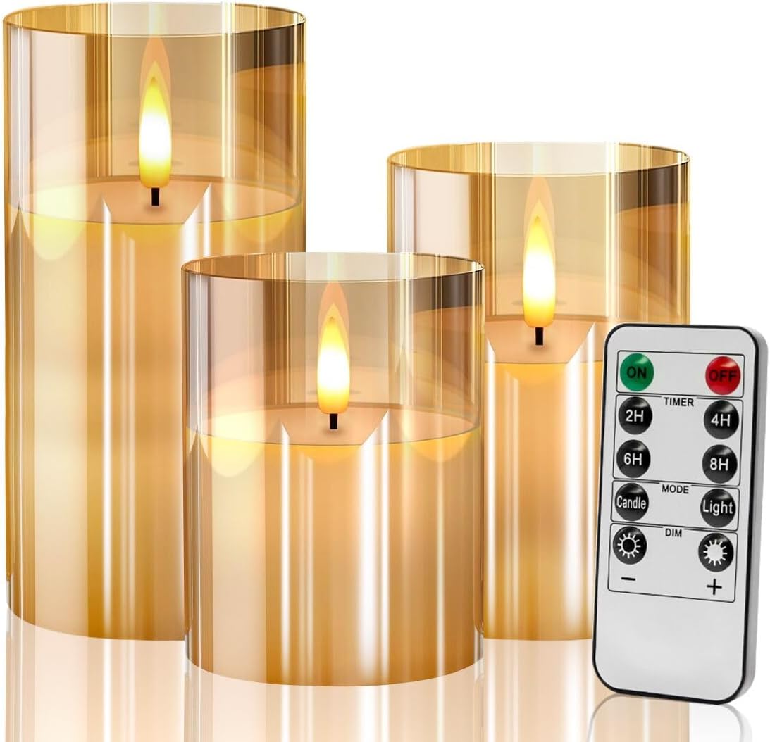 Gold Glass Flameless Battery Candles Flickering with Remote,Timer, Wicking Operated Realistic Real Wax Warm Light LED Candle, for Party Wedding Festival Tabletop Decoration, Set of 3
