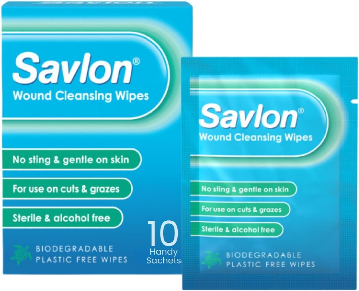 Savlon Wound Cleansing Wipes, Alcohol Free, Cleaning Wipes for Wounds, Pack of 10 Wipes, Gentle, for Cuts and Grazes, Sterile, Alcohol Free, Biodegradable Plastic Free Wipes