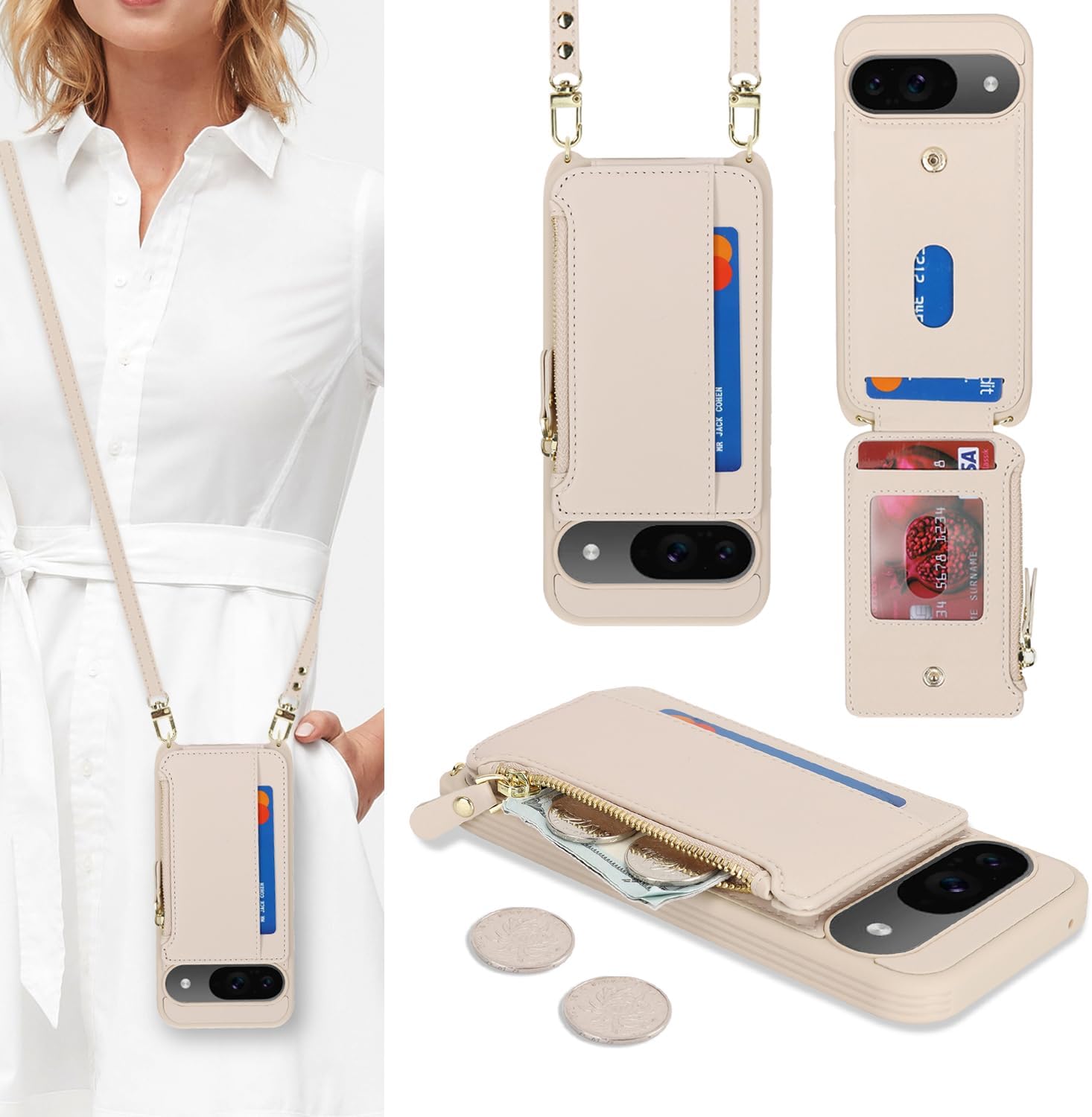 Cavor for Google Pixel 9 / Pixel 9 Pro Case Wallet,Phone Case for Pixel 9 Crossbody Case with Strap,Pixel 9 Pro Wallet Case for Women,Leather Zipper Pocket Card Holder Case-Cream