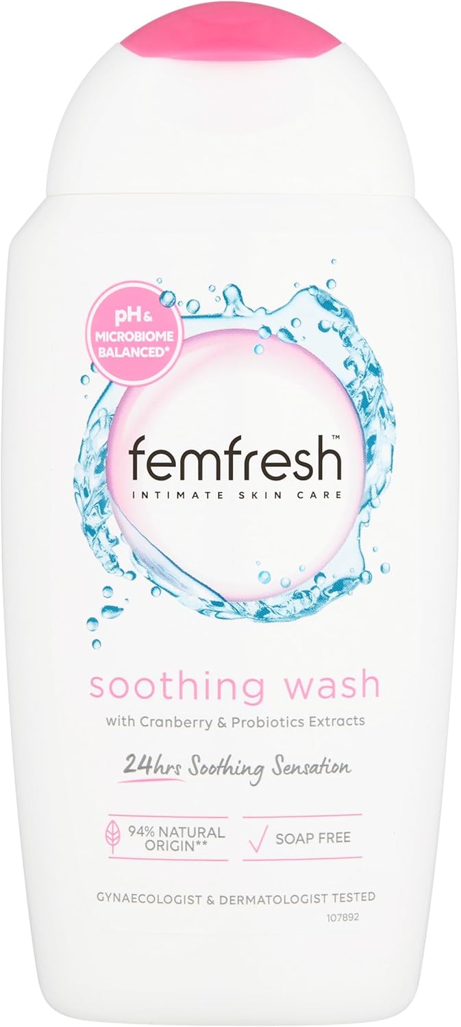Femfresh Ultimate Care Soothing Wash - Intimate Daily Vaginal Feminine Hygiene Shower Gel Cleanser – pH Balanced, Soap Free w.Hydrating Cranberry & Probiotics Extract, Long-Lasting MULTIActif - 250 ml