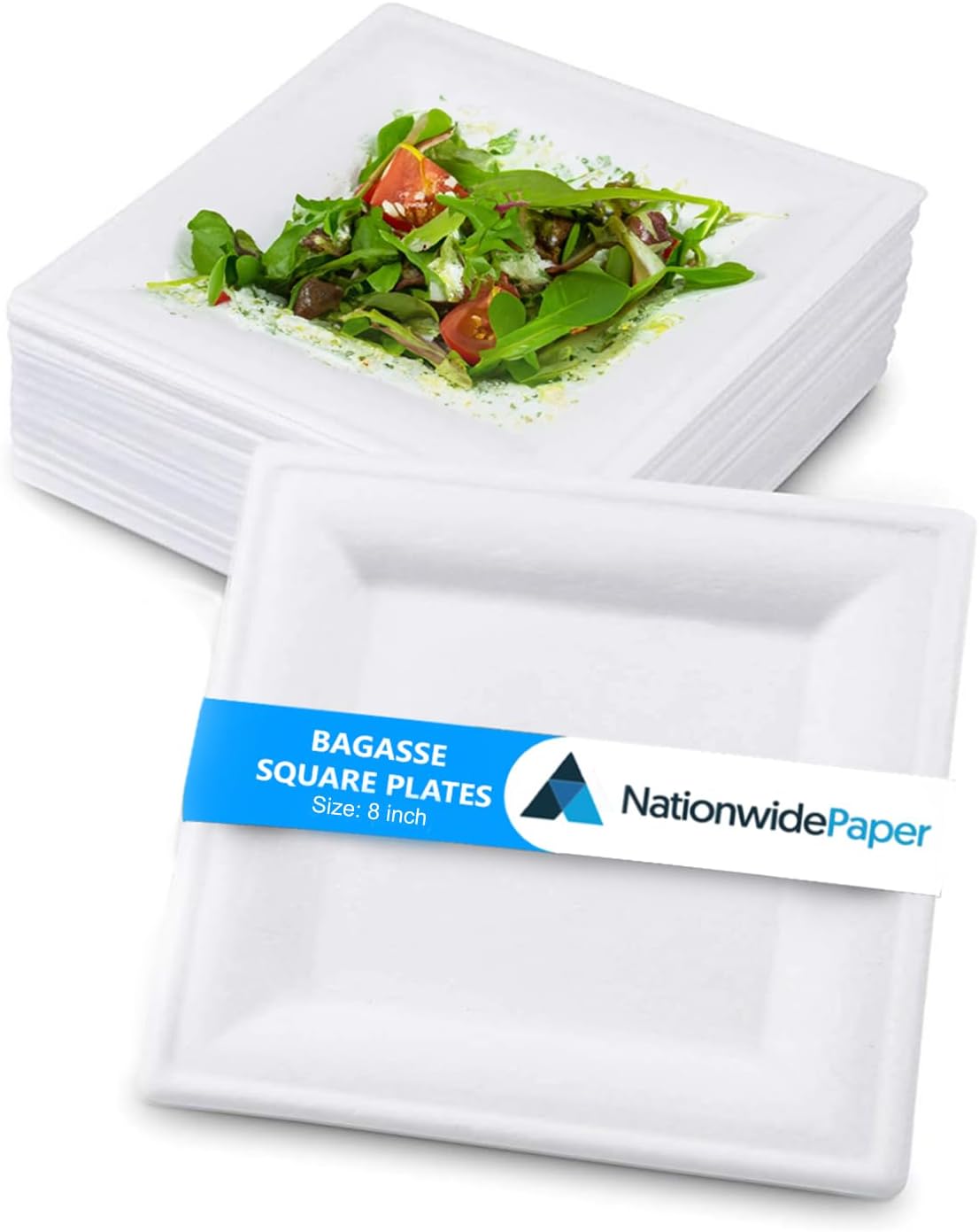 NationwidePaper 8 Inch Biodegradable Square Paper Plates, Bagasse White Disposable Plates, Strong Party Plates (50 Pcs)