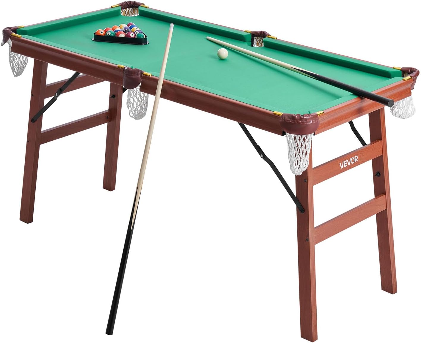 VEVOR Folding Pool Table, 140cm Portable Billiards Tables, Foldable Space-Saving Entertainment Game Set Includes Ball, Cue, Rack, Chalk, Brush, Brown with Bule Cloth, for Family Use, Recreation Room