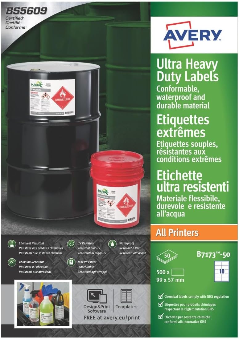 Avery B7173-50 Extra Strong Adhesive, Ultra Heavy Duty Industrial Waterproof GHS Labels, 10 Labels Per A4 Sheet, White