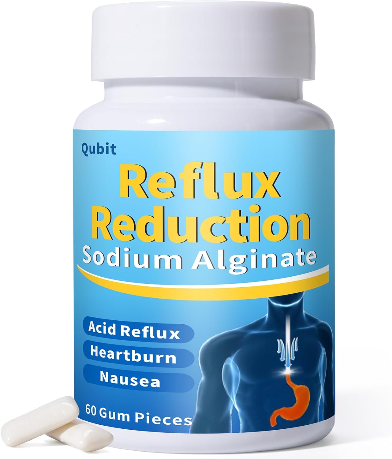 QUBIT Reflux Chewing Gum, Sodium Alginate Bicarbonate Gum for Acid Reflux, Heartburn, Indigestion & Nausea, Taste Well, Gourmet, Raft Barrier on Stomach, Sugar-Free, Vegan, 60 Pieces