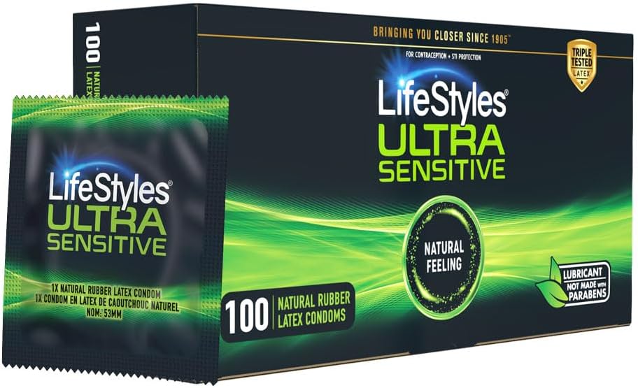 LifeStyles Ultra Sensitive Premium Lubricated Natural Latex Condoms Value Pack - 100 Count, 1 Pack - Triple Tested for Best Protection, Made with UltraGlide Silicone Lube