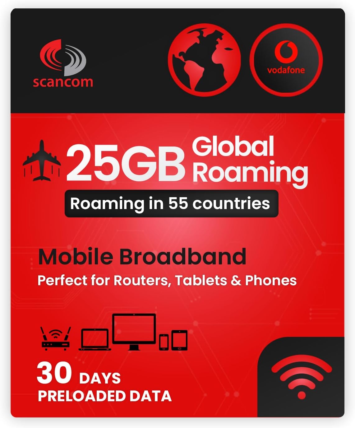 25GB Global Roaming Vodafone Data Sim Card - Perfect for Unlocked Devices - Activate When You Receive The SIM - Roaming for 30 Days in 55 Countries (Europe, USA & More)