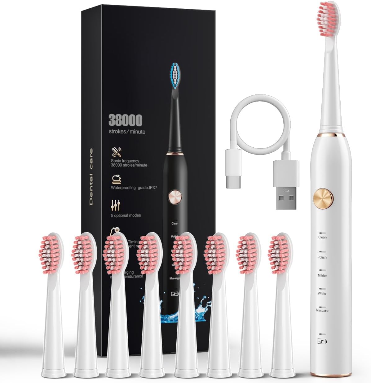 High Vibration 38000VPM Sonic Electric Toothbrush for Adults with Timer Dupont Brush Heads Ultra Whitening 5-Modes - White