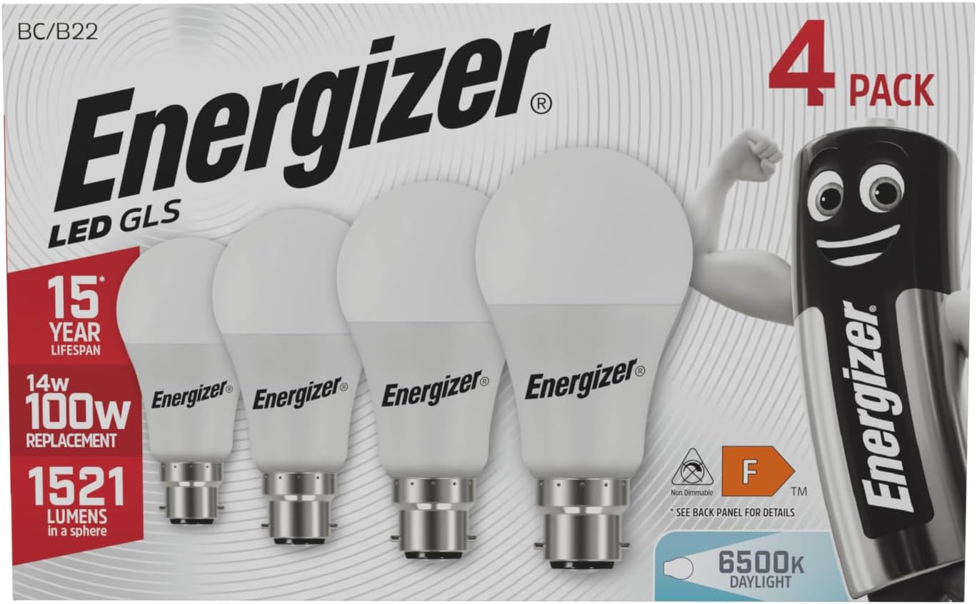 Energizer 100w Equivalent Bayonet Light Bulb - 6500k / Daylight BC/ B22 LED Bulb. Pack of 4. Very Bright 1521lm