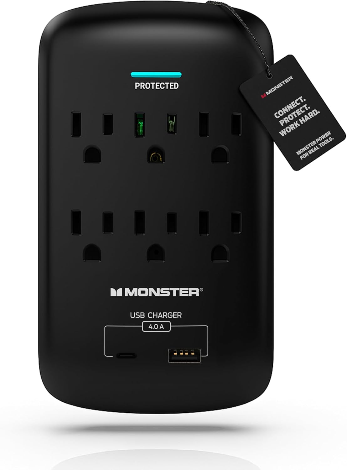Monster 6 Outlet Wall Plug Surge Protector w/ 1,200 Joules Rating — Safe, Reliable Outlet Extender w/ 1 USB-A, 1 USB-C Charging Ports — Fireproof MOV, ETL Listed, Dual Mode Wall Tap (Black)