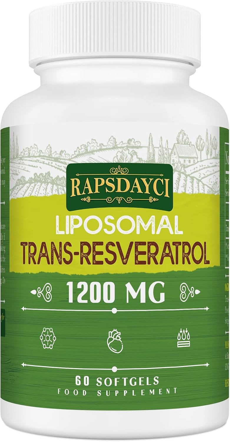 1200mg Liposomal Trans-Resveratrol, 98% Pure Formula, Trans Resveratrol Supplement, 60 Softgels for Heart, Skin, and Anti-Aging Antioxidant, Better Absorption