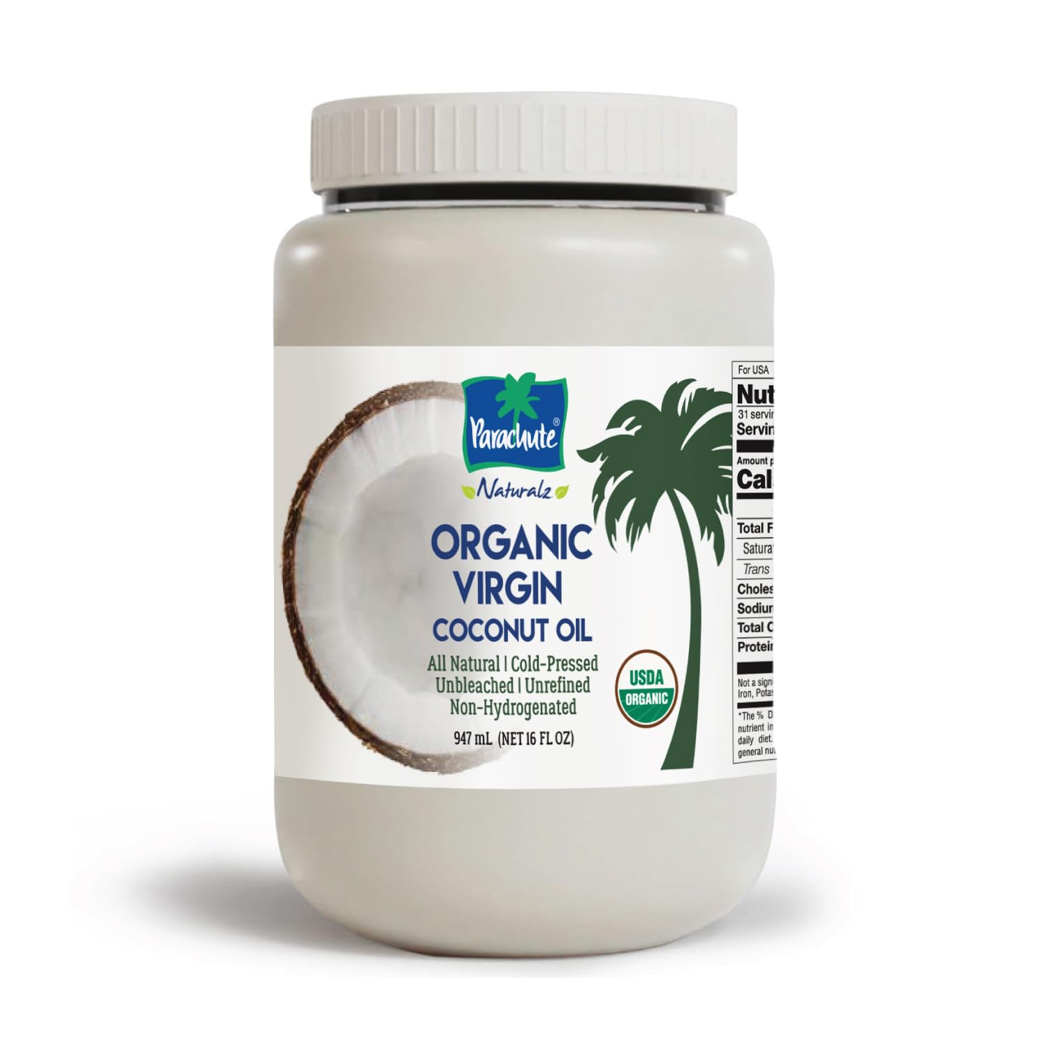 "Parachute Naturalz Organic Virgin Coconut Oil | Cooking Oil, Hair Oil, Body Oil & Oil Pulling | Cold Pressed | Unbleached | Unrefined | Non-Hydrogenated | MCT Oil | USDA Certified | 32 Fl. Oz | Plastic Jar"