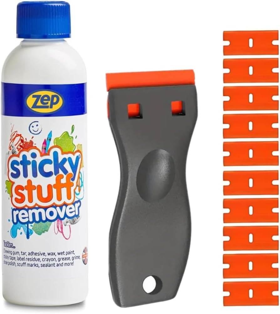 Zep Sticky Stuff Remover With Plastic Scraper Tool & 10 Blades - 250ml Work As A Sticker Remover, Sticky Label Remover, Adhesive Remover, Car Sticker Remover And Much More
