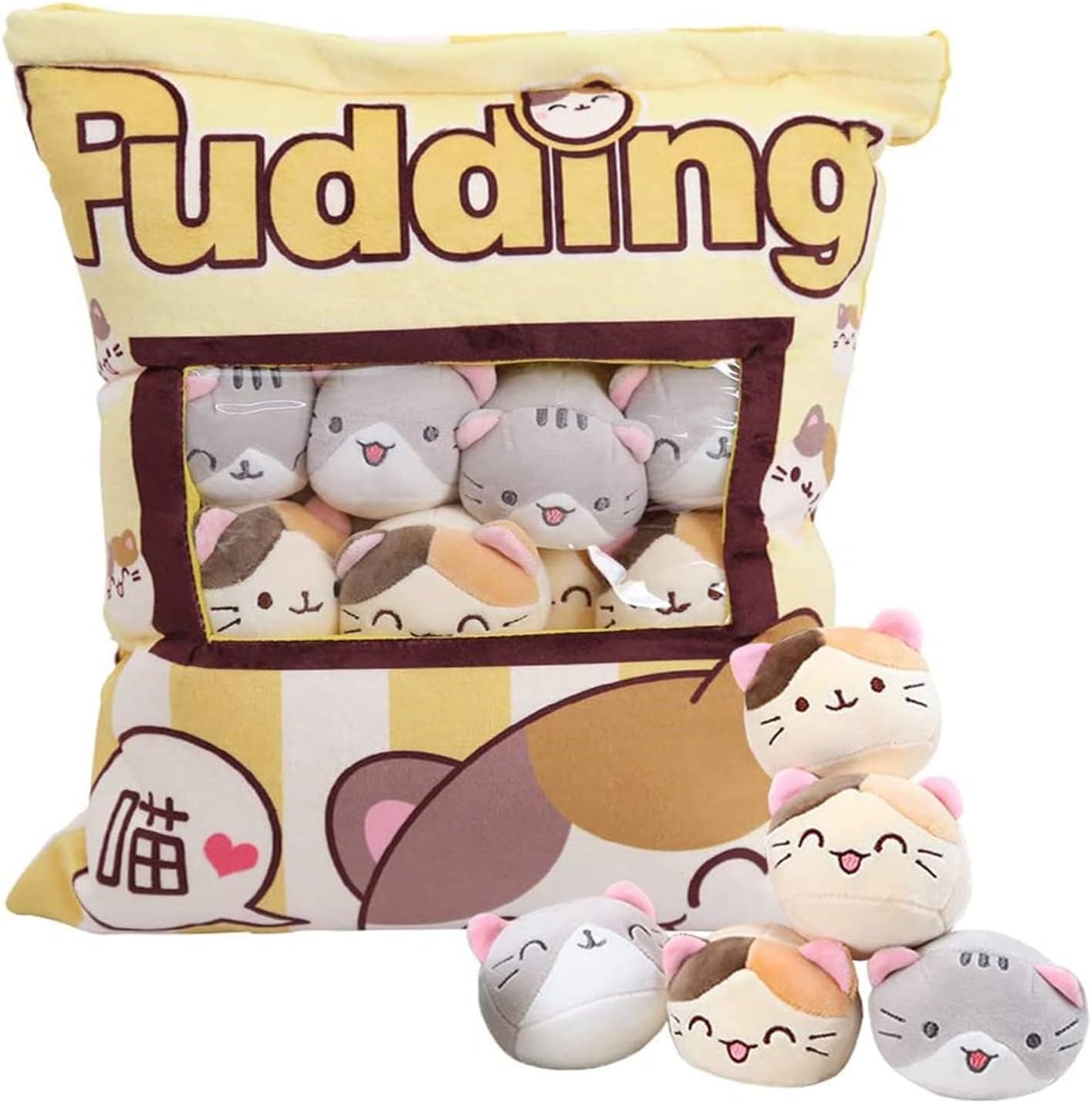 HXPLN Cute Snack Pillow Cat Plush Pillow, Pudding Cat Pillow with Kitty Dolls, Removable Stuffed Animal Toys Creative Gift for Teenagers, Girls, Children (8 Yellow Kittens)