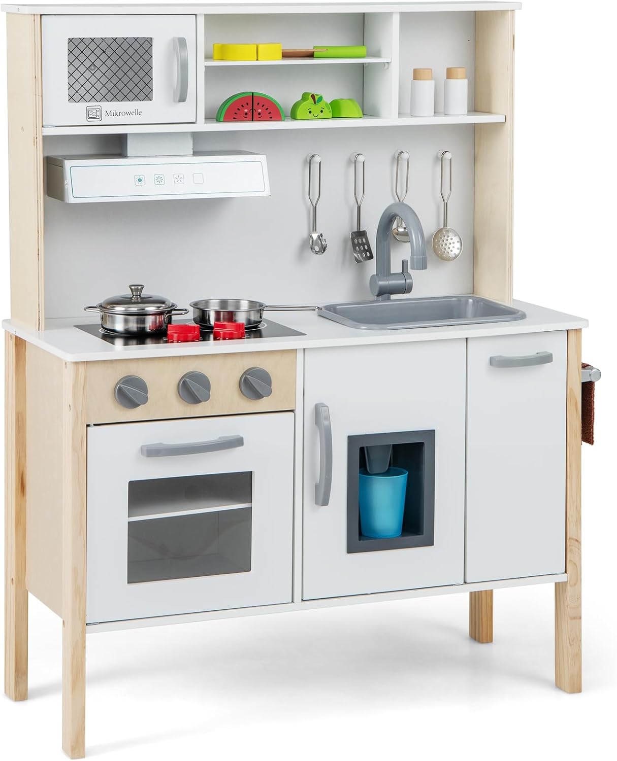 Maxmass Wooden Kids Play Kitchen, Toddler Role-play Cooking Playset with Ice Maker, Cookware Utensils, Cuttable Fruits, Range Hood, Realistic Sound, Children Pretend Kitchen for Boys Girls (White)